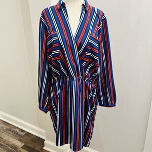 Express Shirt Dress Red White & Blue Striped Long Sleeve Dress Petite Xl (A0131)